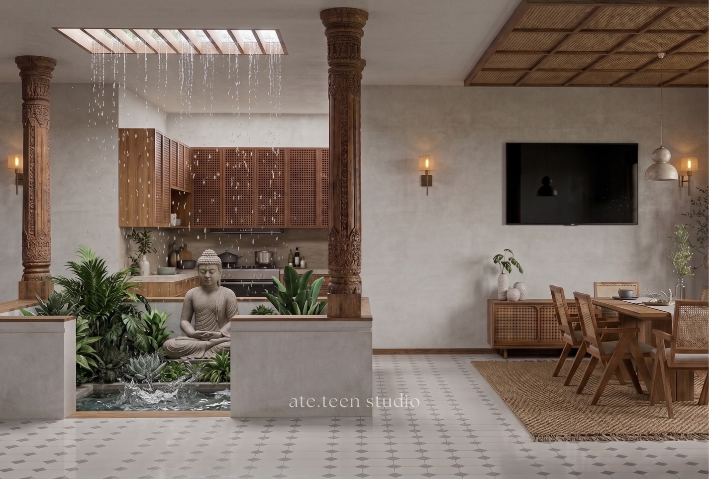 The Courtyard House — a Kerala courtyard residence with carved teak pillars, water court and rattan joinery